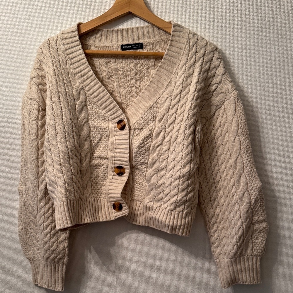 SHEIN Beige Cable Knit Cardigan